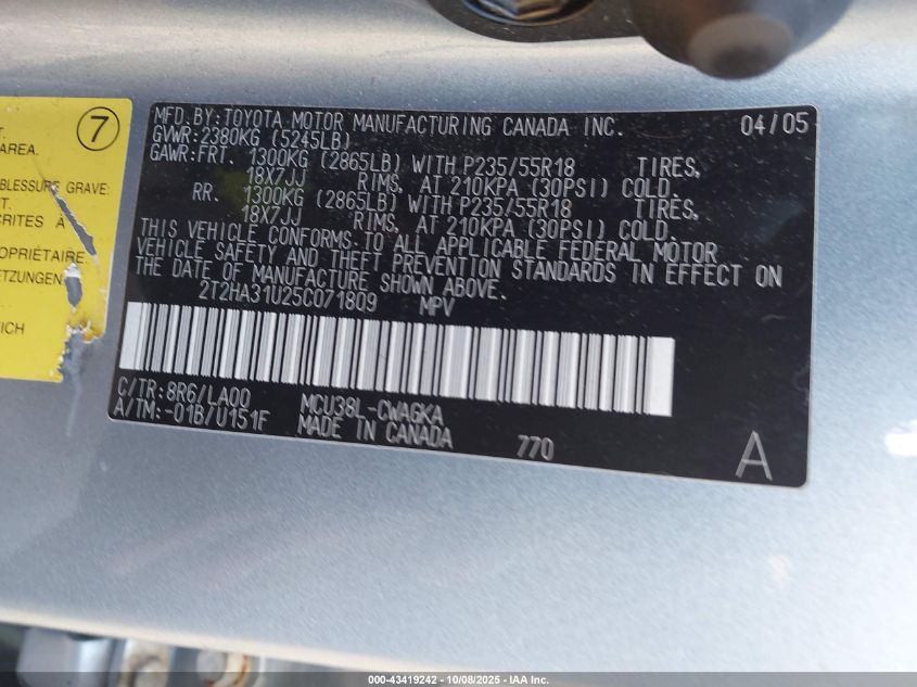 2005 Lexus Rx 330 VIN: 2T2HA31U25C071809 Lot: 43419242