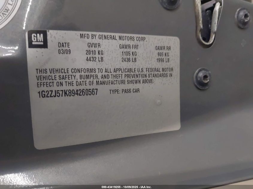 2009 Pontiac G6 New Se VIN: 1G2ZJ57K894260567 Lot: 43419255