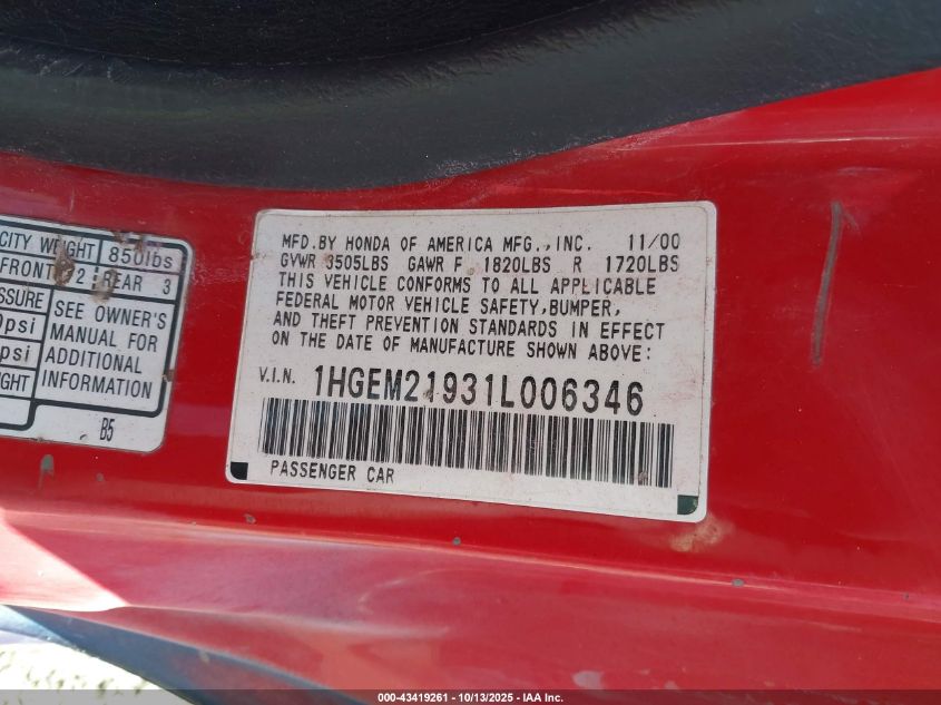 2001 Honda Civic Ex VIN: 1HGEM21931L006346 Lot: 43419261