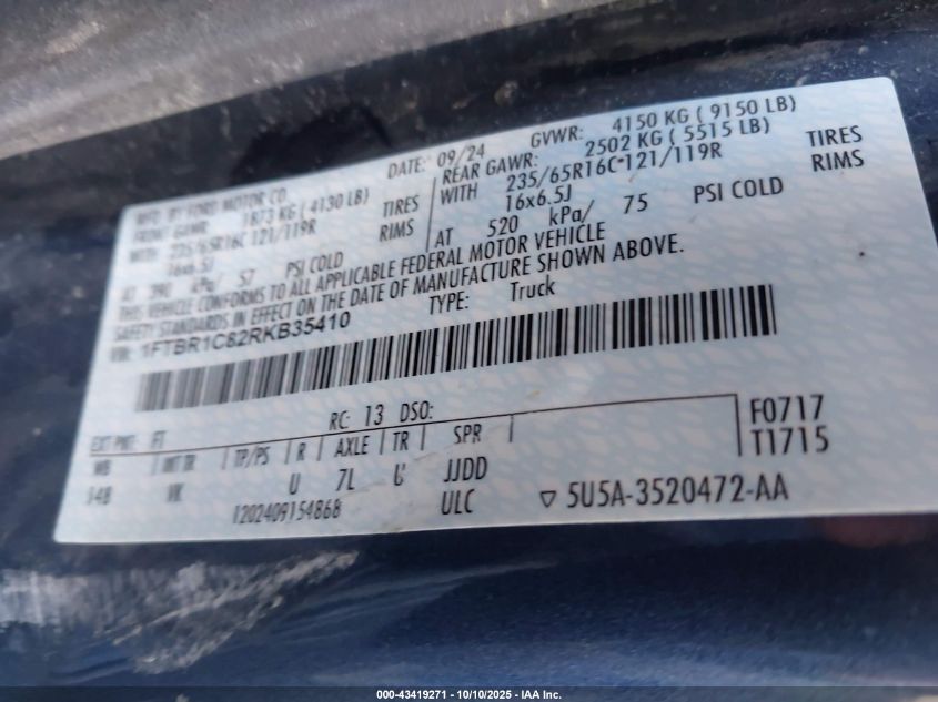 2024 Ford Transit-250 VIN: 1FTBR1C82RKB35410 Lot: 43419271