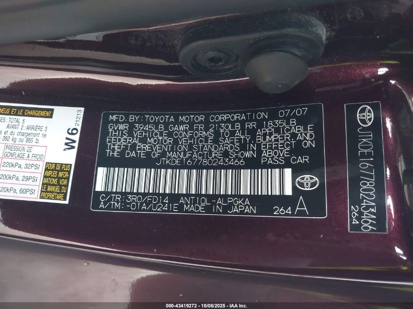 2008 Scion Tc VIN: JTKDE167780243466 Lot: 43419272