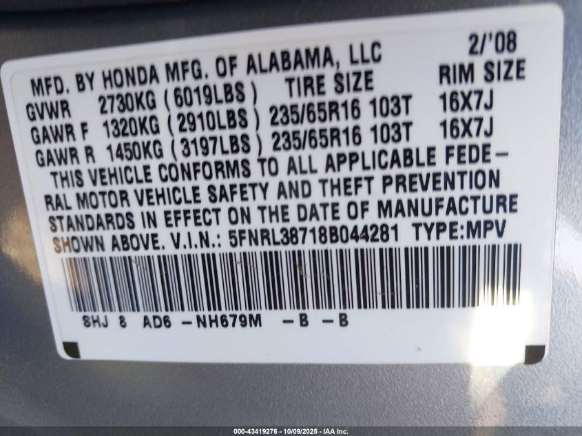 2008 Honda Odyssey Ex-L VIN: 5FNRL38718B044281 Lot: 43419276