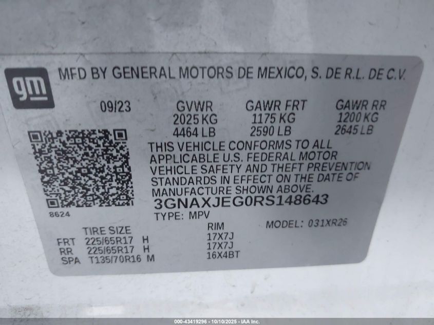 2024 Chevrolet Equinox Fwd 2Fl VIN: 3GNAXJEG0RS148643 Lot: 43419296