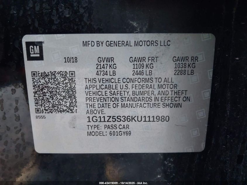 2019 Chevrolet Impala Lt VIN: 1G11Z5S36KU111980 Lot: 43419309