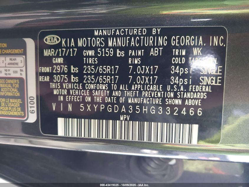 2017 Kia Sorento 2.4L Lx VIN: 5XYPGDA35HG332466 Lot: 43419325