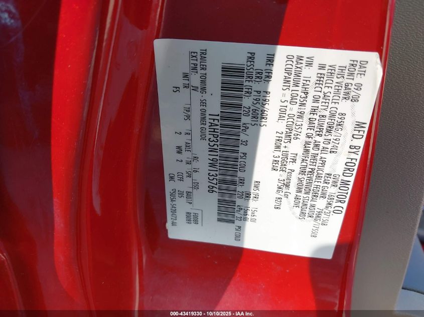 2009 Ford Focus Se VIN: 1FAHP35N19W135766 Lot: 43419330