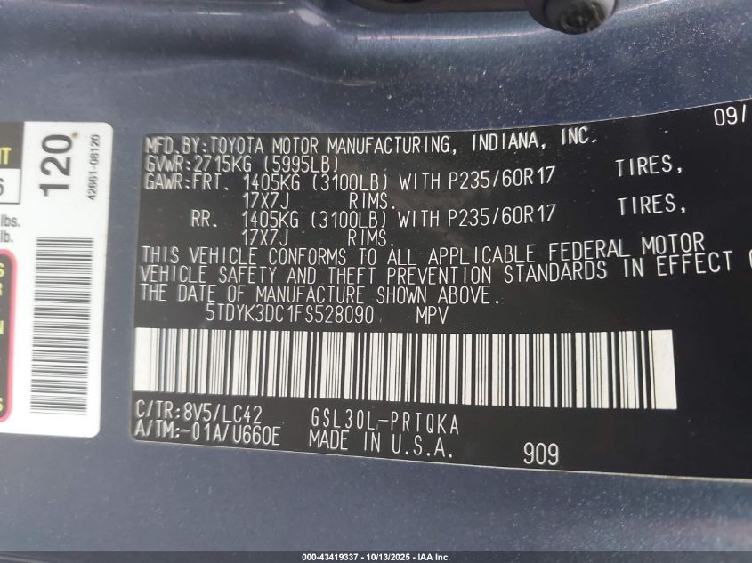 2015 Toyota Sienna Xle 8 Passenger VIN: 5TDYK3DC1FS528090 Lot: 43419337