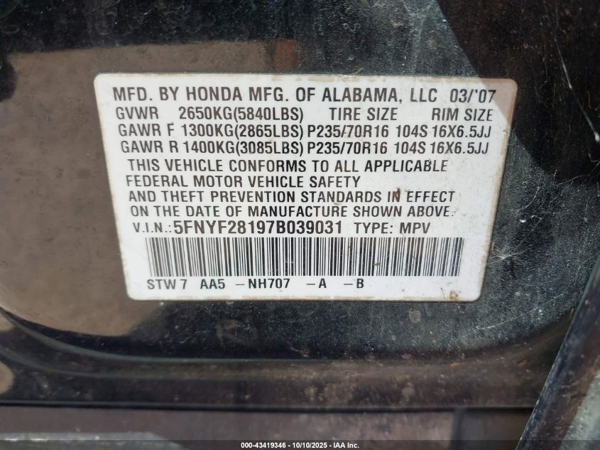 2007 Honda Pilot Lx VIN: 5FNYF28197B039031 Lot: 43419346