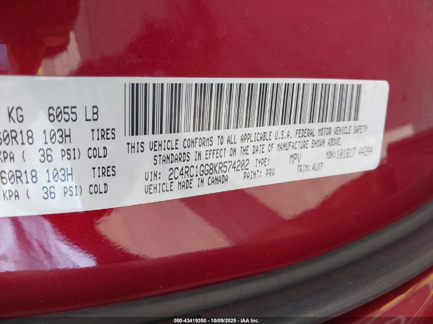 2019 Chrysler Pacifica Limited VIN: 2C4RC1GG8KR574202 Lot: 43419350