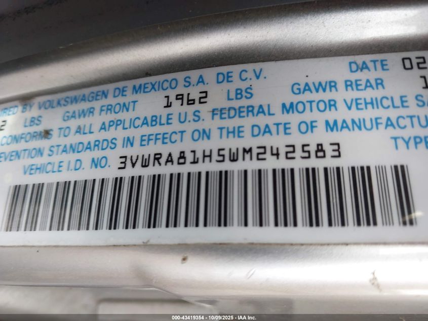 1998 Volkswagen Jetta Gl VIN: 3VWRA81H5WM242583 Lot: 43419354