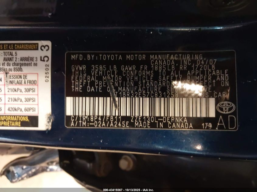 2007 Toyota Corolla Le VIN: 2T1BR32E57C831258 Lot: 43419367