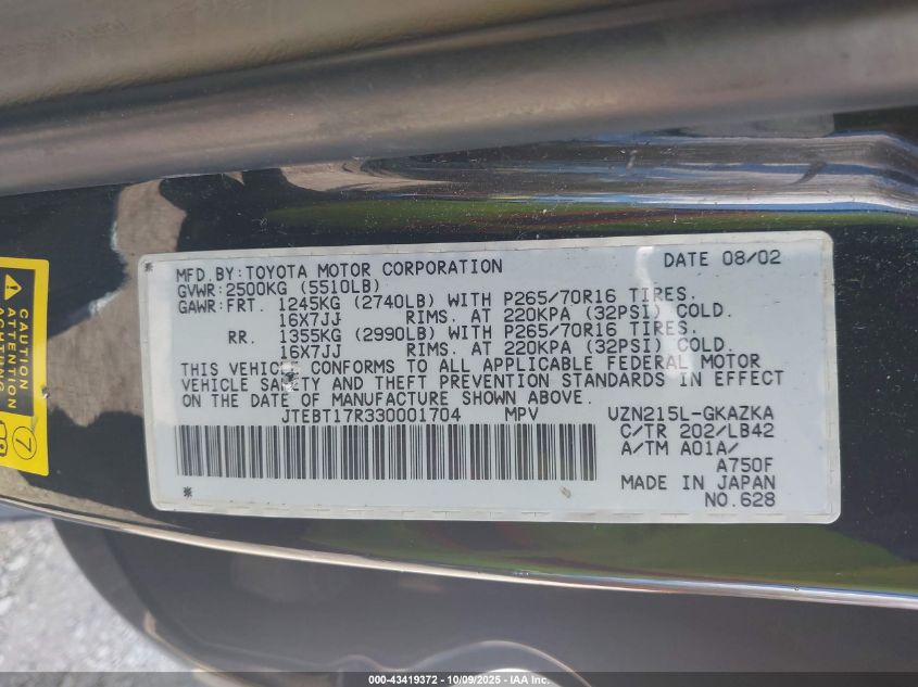 2003 Toyota 4Runner Limited V8 VIN: JTEBT17R330001704 Lot: 43419372