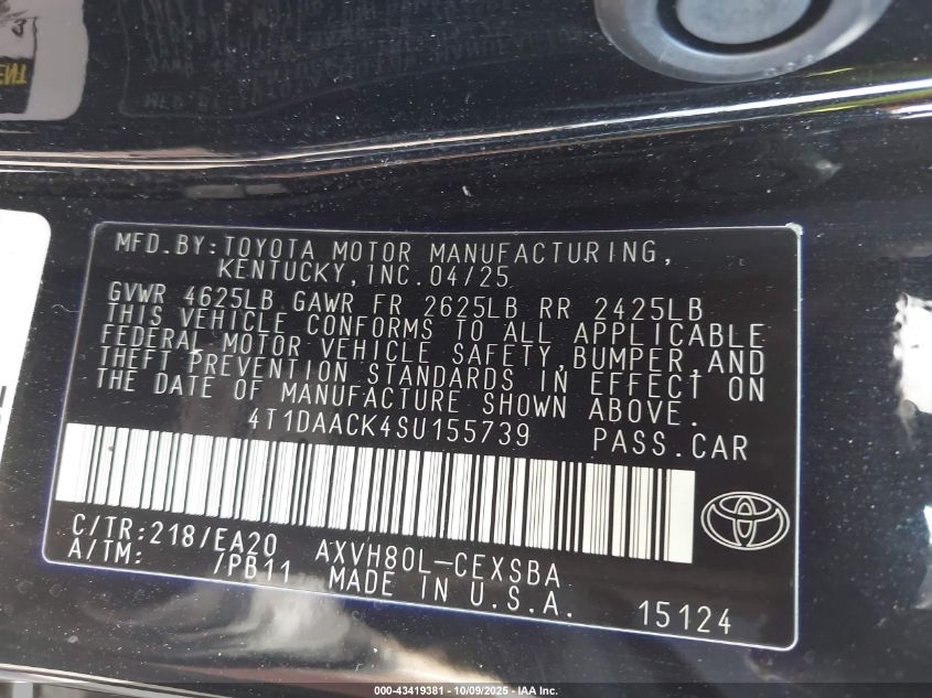 2025 Toyota Camry Se VIN: 4T1DAACK4SU155739 Lot: 43419381