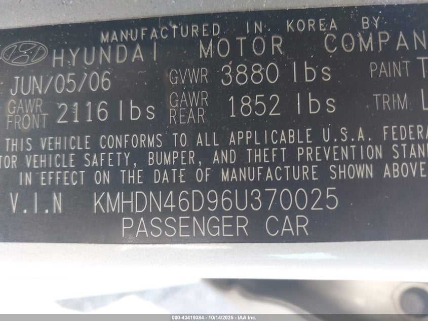 KMHDN46D96U370025 2006 HYUNDAI ELANTRA photo no. 9