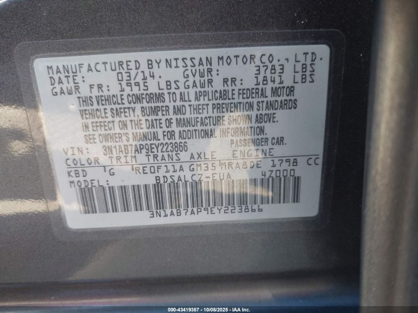 2014 Nissan Sentra S VIN: 3N1AB7AP9EY223866 Lot: 43419387