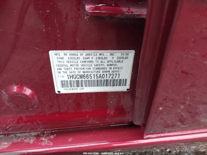 2005 Honda Accord 3.0 Ex VIN: 1HGCM66515A017271 Lot: 43419388