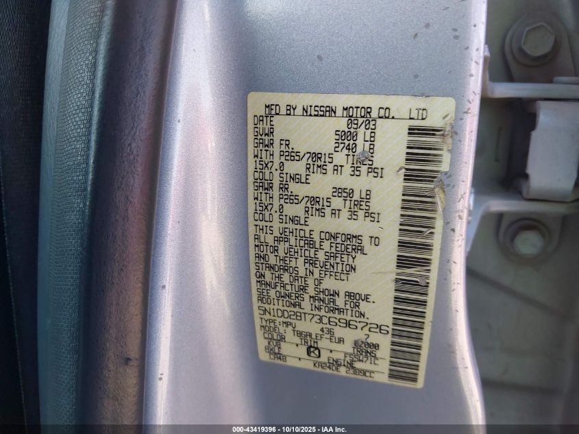 2003 Nissan Xterra Xe I4 VIN: 5N1DD28T73C696726 Lot: 43419396