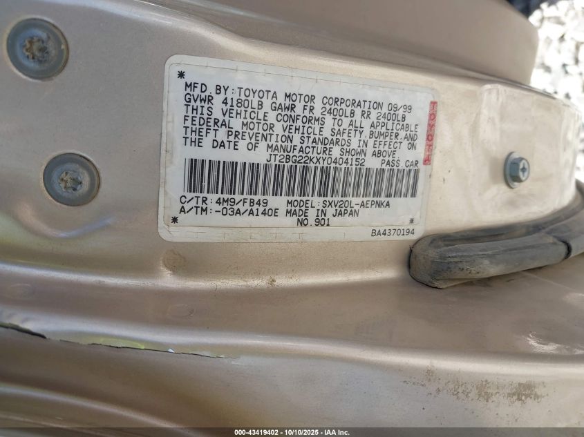 2000 Toyota Camry Le VIN: JT2BG22KXY0404152 Lot: 43419402