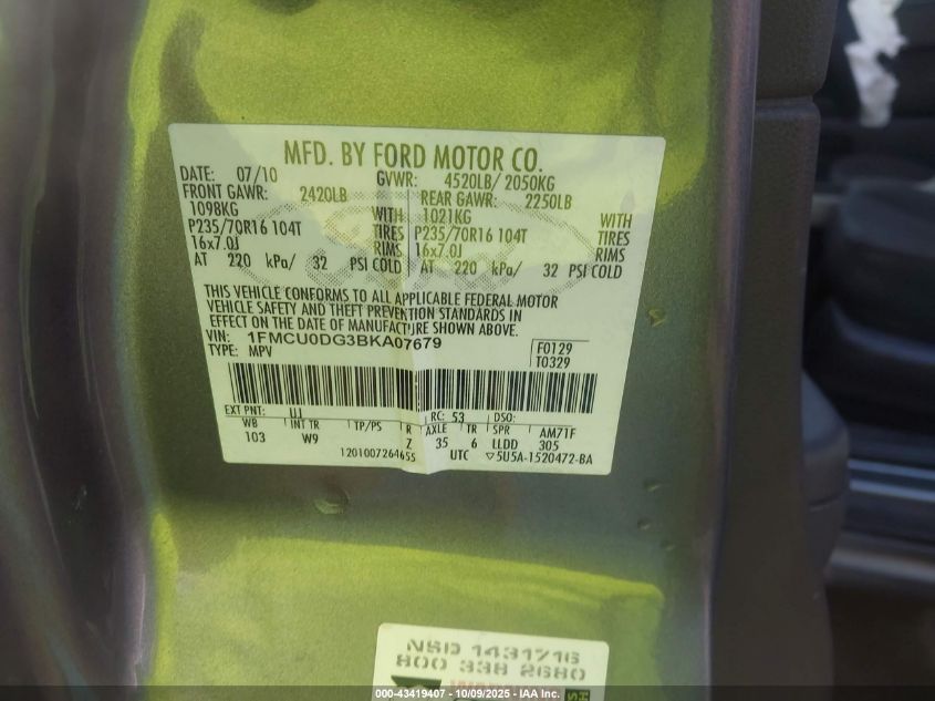 2011 Ford Escape Xlt VIN: 1FMCU0DG3BKA07679 Lot: 43419407