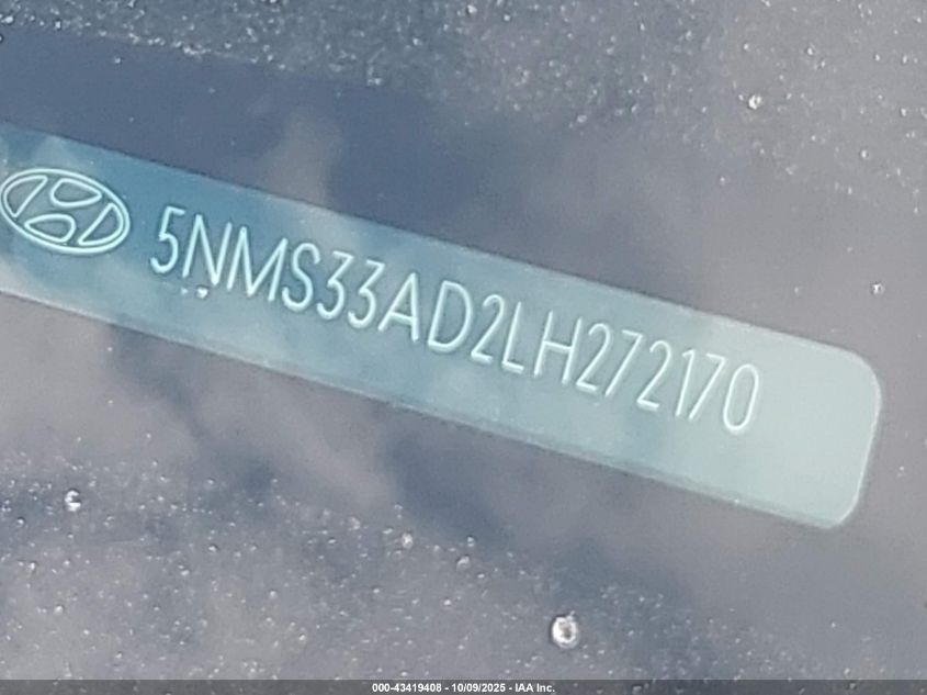 2020 Hyundai Santa Fe Sel VIN: 5NMS33AD2LH272170 Lot: 43419408