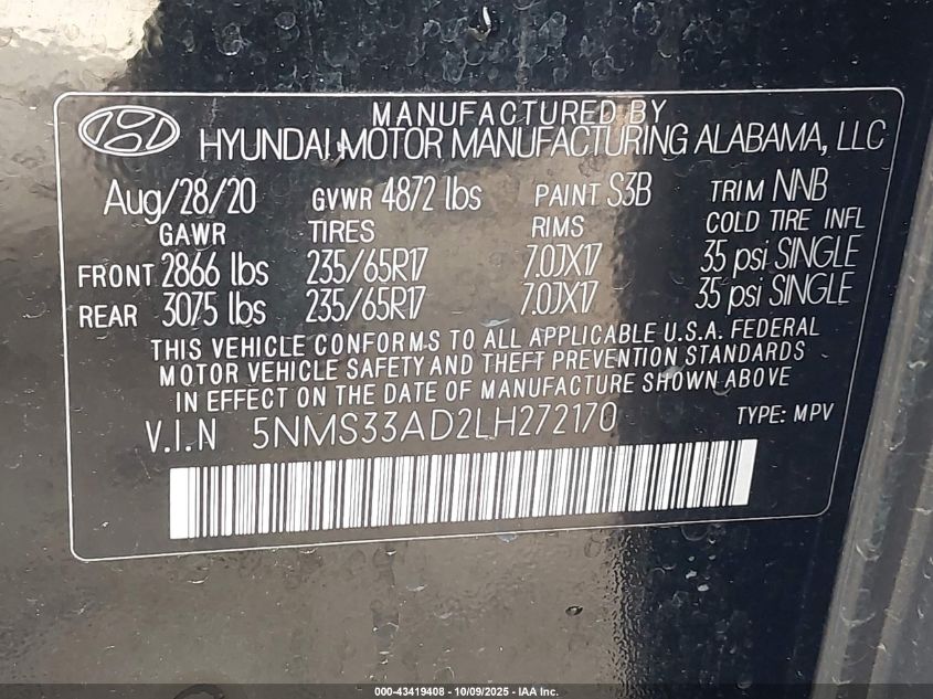 2020 Hyundai Santa Fe Sel VIN: 5NMS33AD2LH272170 Lot: 43419408