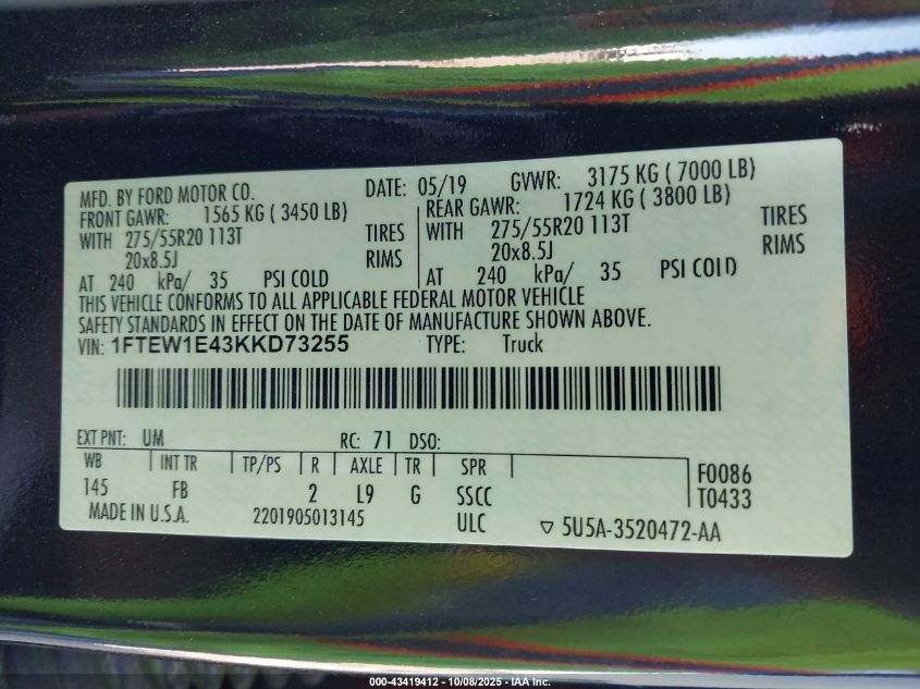 2019 Ford F150 Supercrew VIN: 1FTEW1E43KKD73255 Lot: 43419412