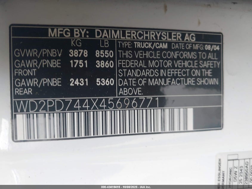 2004 Dodge Sprinter Van 2500 High Roof VIN: WD2PD744X45696771 Lot: 43419415