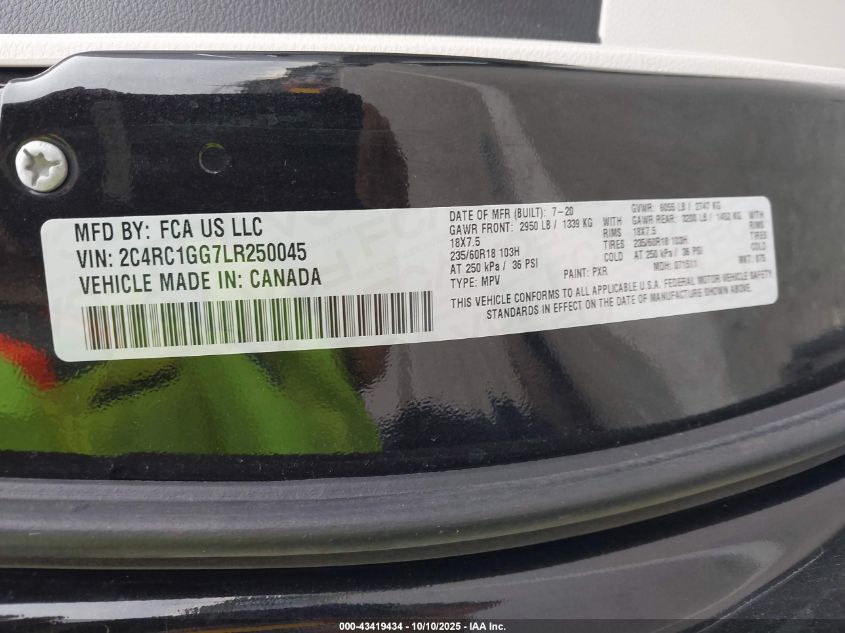 2020 Chrysler Pacifica Limited VIN: 2C4RC1GG7LR250045 Lot: 43419434