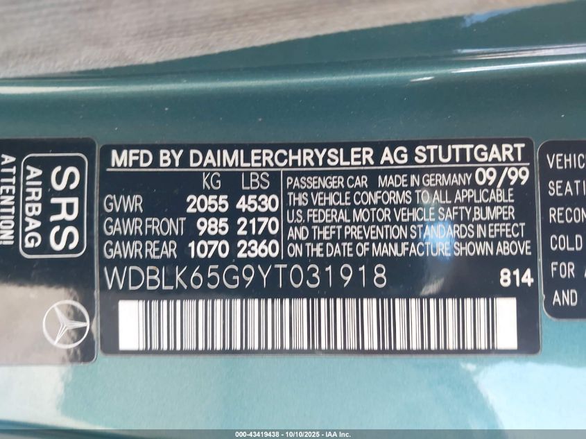 2000 Mercedes-Benz Clk 320 VIN: WDBLK65G9YT031918 Lot: 43419438