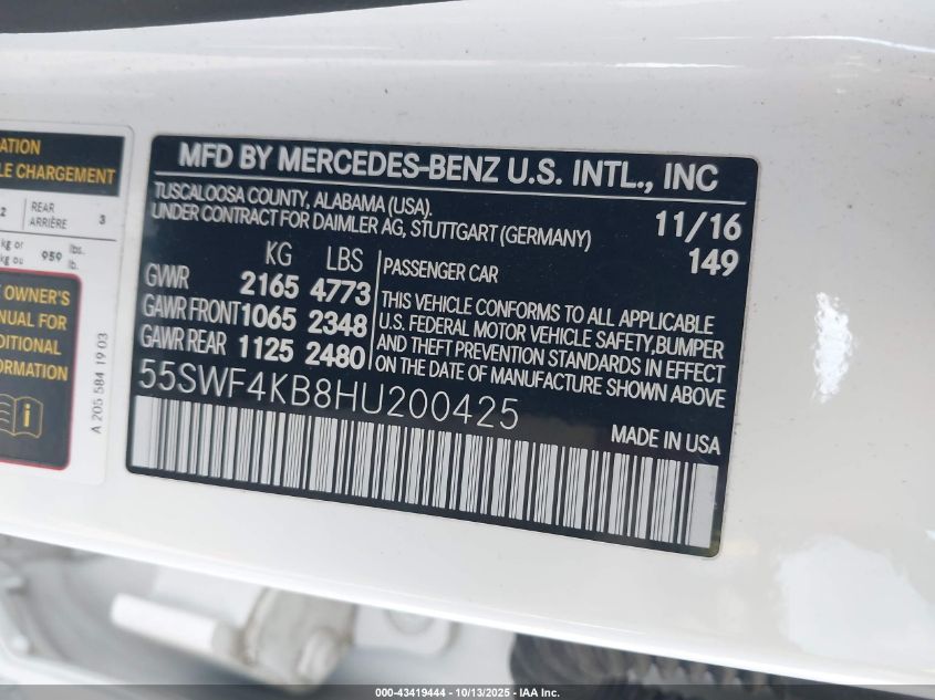 2017 Mercedes-Benz C 300 4Matic VIN: 55SWF4KB8HU200425 Lot: 43419444