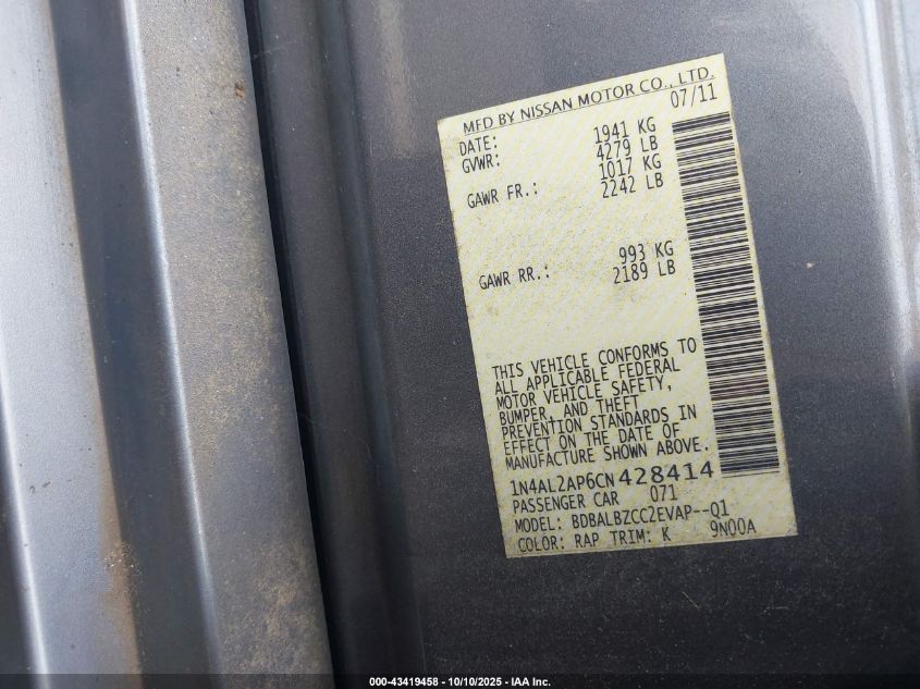 2012 Nissan Altima 2.5 S VIN: 1N4AL2AP6CN428414 Lot: 43419458