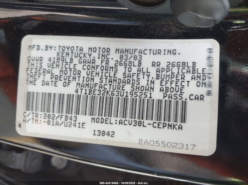 2003 Toyota Camry Le VIN: 4T1BE32K63U195251 Lot: 43419468