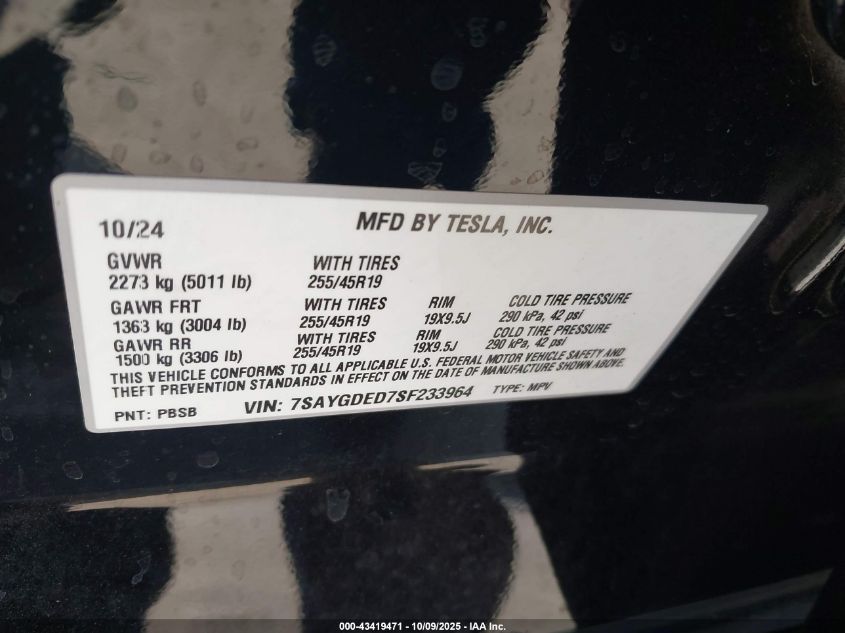 2025 Tesla Model Y Long Range Dual Motor Rear-Wheel Drive VIN: 7SAYGDED7SF233964 Lot: 43419471
