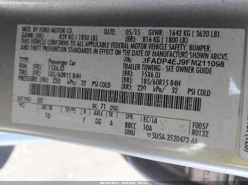 2015 Ford Fiesta Se VIN: 3FADP4EJ9FM211098 Lot: 43419474