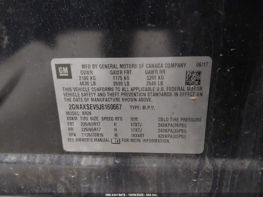 2018 Chevrolet Equinox Lt VIN: 2GNAXSEV9J6160667 Lot: 43419479