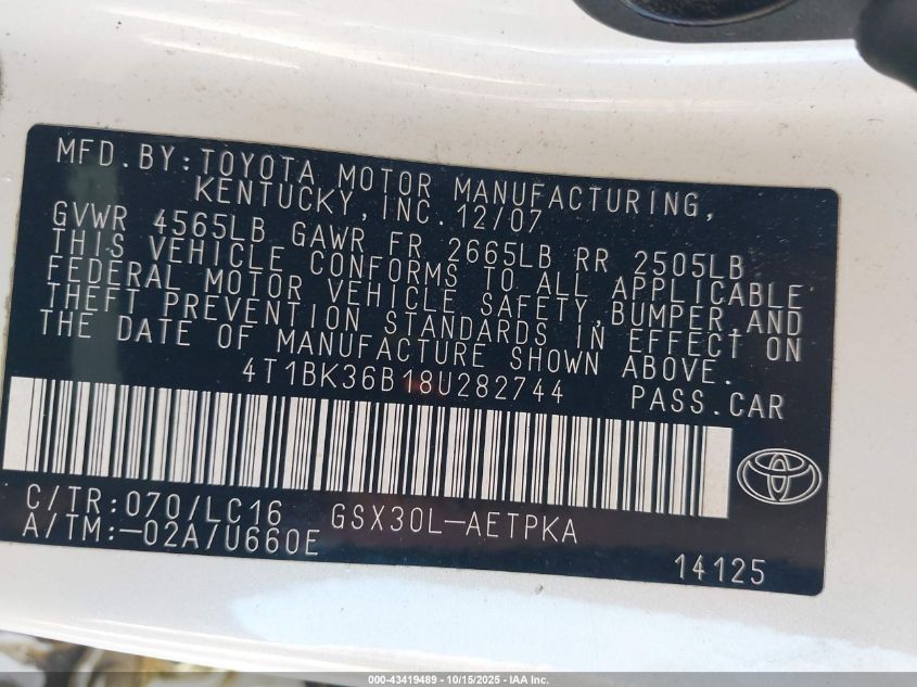 2008 Toyota Avalon Limited VIN: 4T1BK36B18U282744 Lot: 43419489