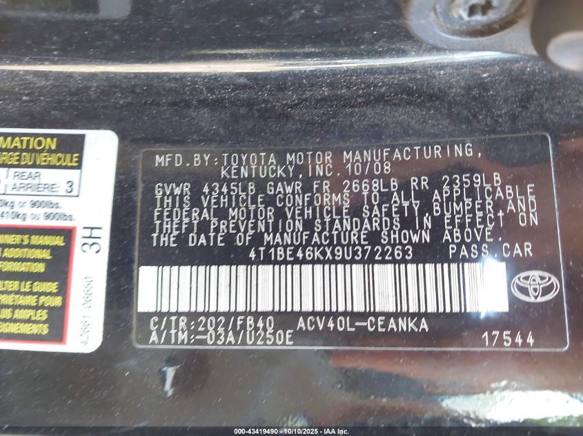 2009 Toyota Camry VIN: 4T1BE46KX9U372263 Lot: 43419490