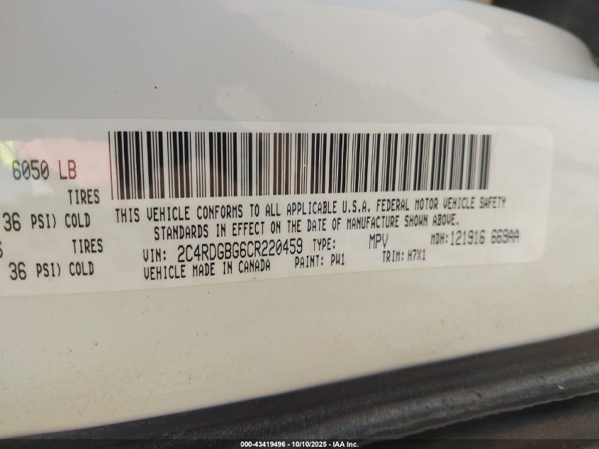 2012 Dodge Grand Caravan Se/Avp VIN: 2C4RDGBG6CR220459 Lot: 43419496