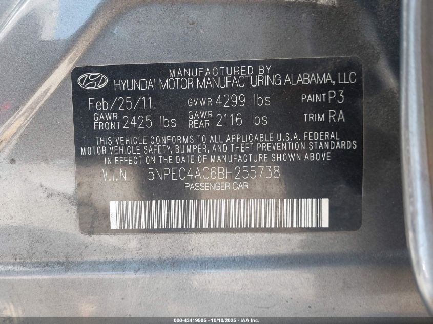2011 Hyundai Sonata Se VIN: 5NPEC4AC6BH255738 Lot: 43419505
