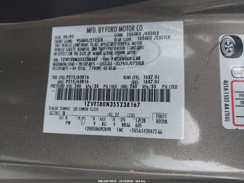 2005 Ford Mustang V6 Deluxe/V6 Premium VIN: 1ZVFT80N355238167 Lot: 43419512