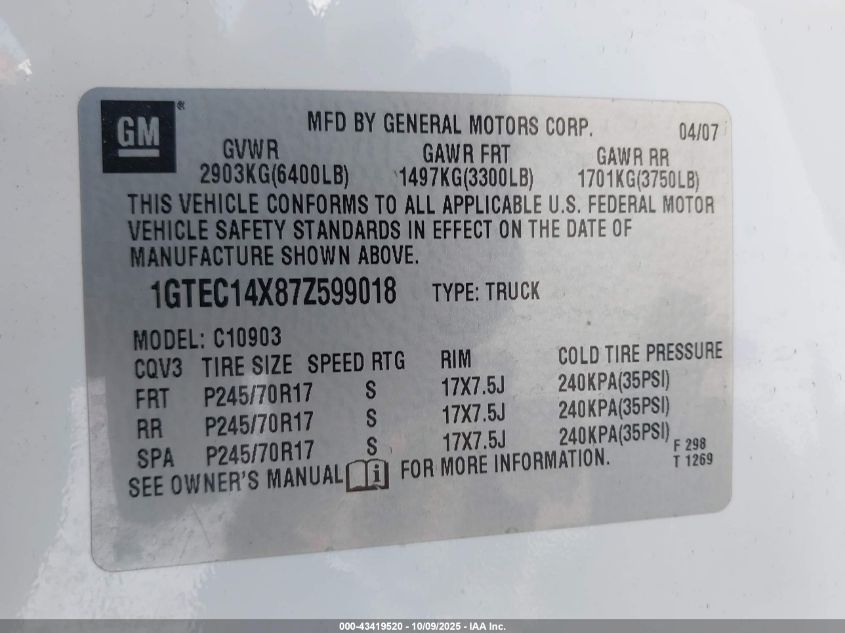 2007 GMC Sierra 1500 Work Truck VIN: 1GTEC14X87Z599018 Lot: 43419520