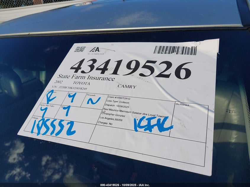 2002 Toyota Camry Xle V6 VIN: JTDBF30K020058249 Lot: 43419526