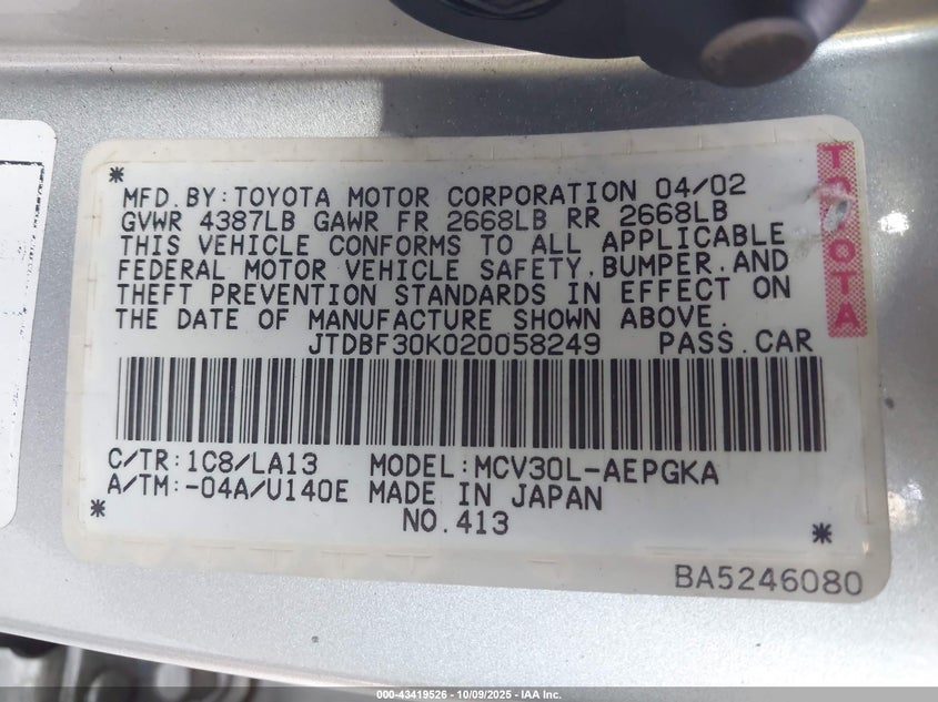 2002 Toyota Camry Xle V6 VIN: JTDBF30K020058249 Lot: 43419526