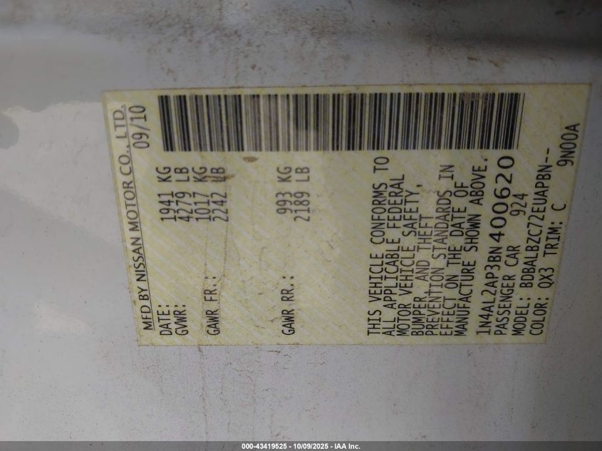 2011 Nissan Altima 2.5 S VIN: 1N4AL2AP3BN400620 Lot: 43419525