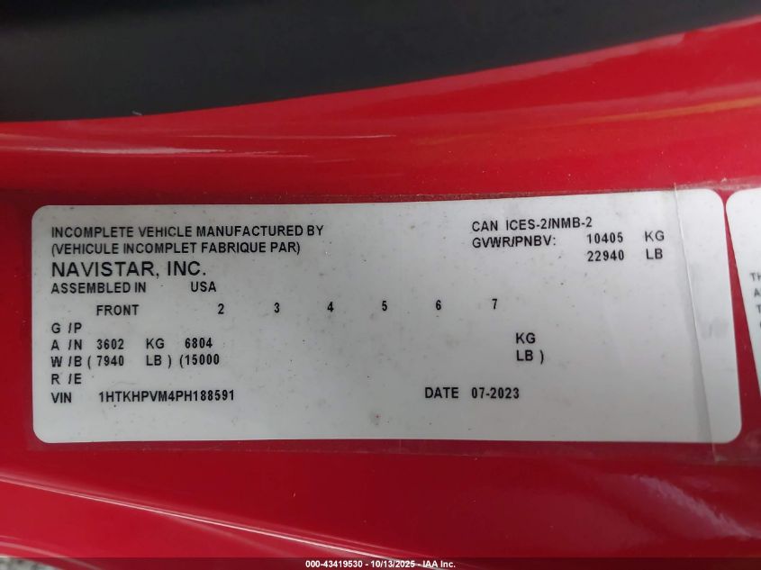 2023 Chevrolet Silverado Md Work Truck VIN: 1HTKHPVM4PH188591 Lot: 43419530