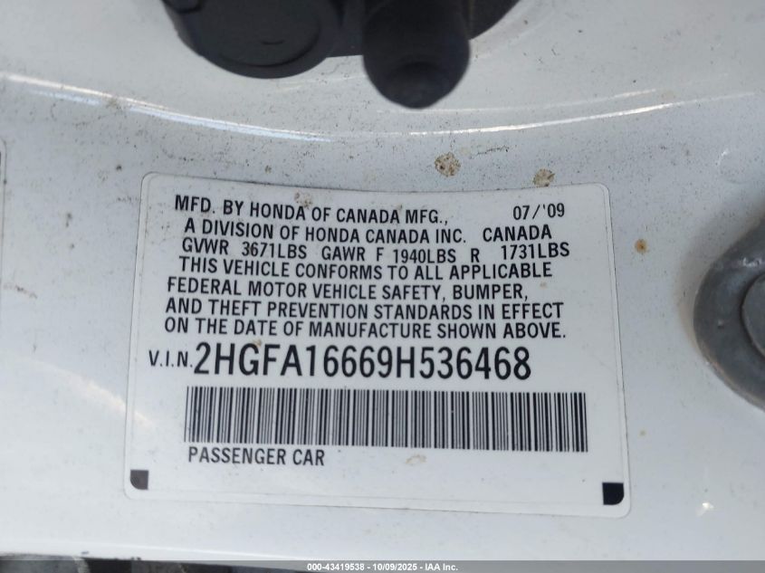 2009 Honda Civic Lx-S VIN: 2HGFA16669H536468 Lot: 43419538