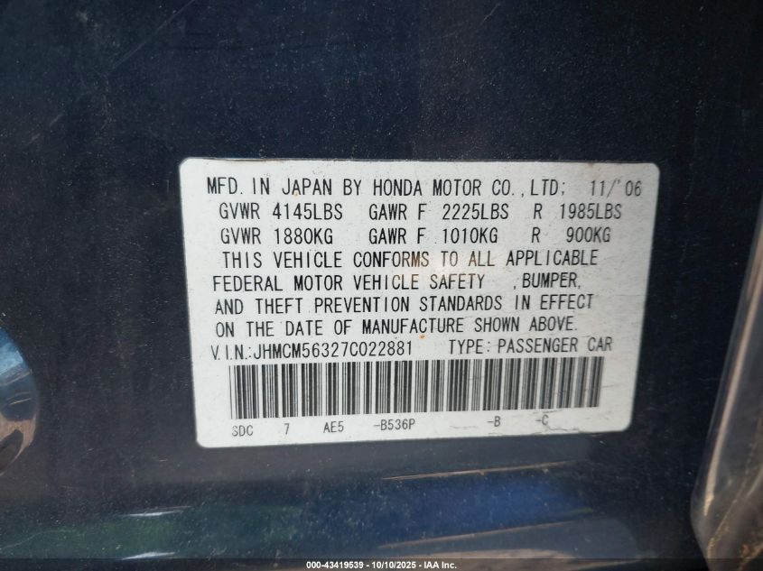 2007 Honda Accord 2.4 Se VIN: JHMCM56327C022881 Lot: 43419539