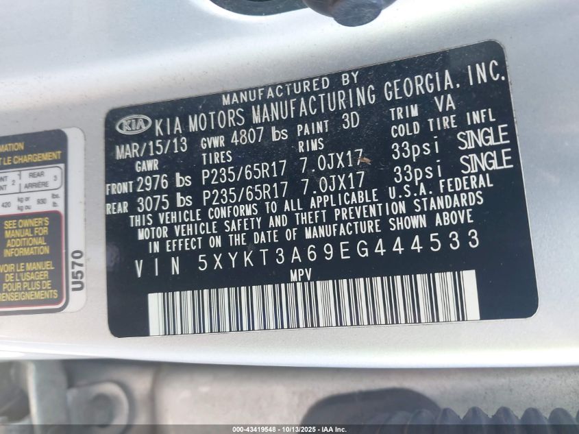 2014 Kia Sorento Lx VIN: 5XYKT3A69EG444533 Lot: 43419548