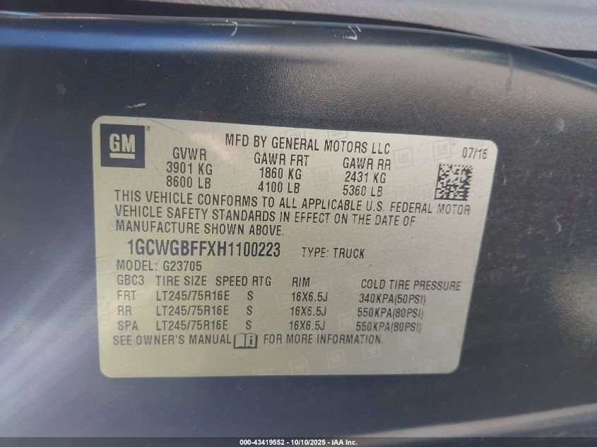 2017 Chevrolet Express 2500 Work Van VIN: 1GCWGBFFXH1100223 Lot: 43419552