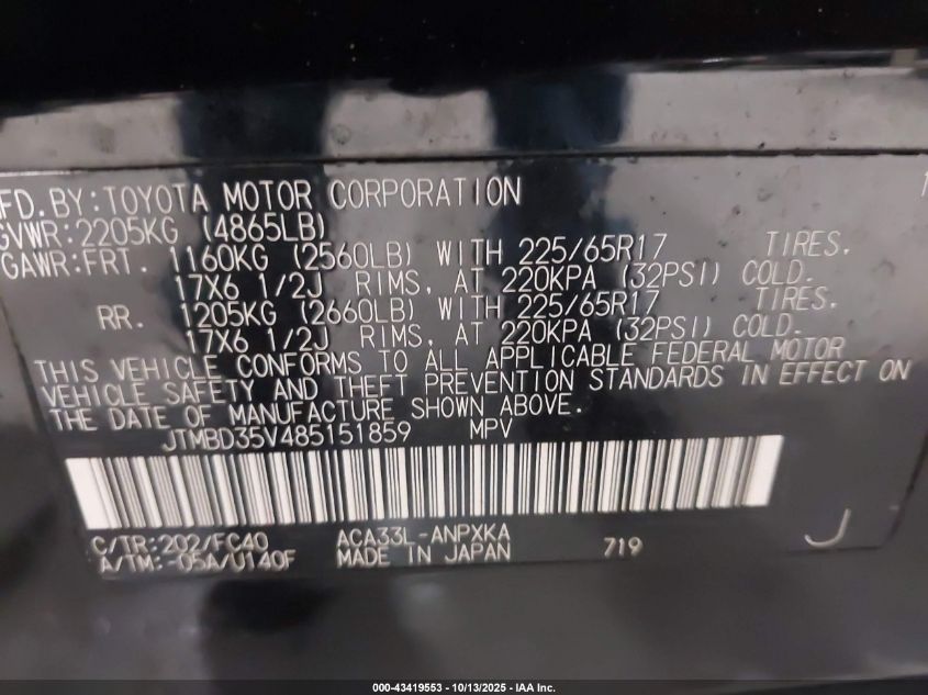 2008 Toyota Rav4 VIN: JTMBD35V485151859 Lot: 43419553